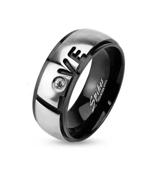 Кольцо из стали с фианитом Spikes R-M2957 с романтичной надписью "Love"