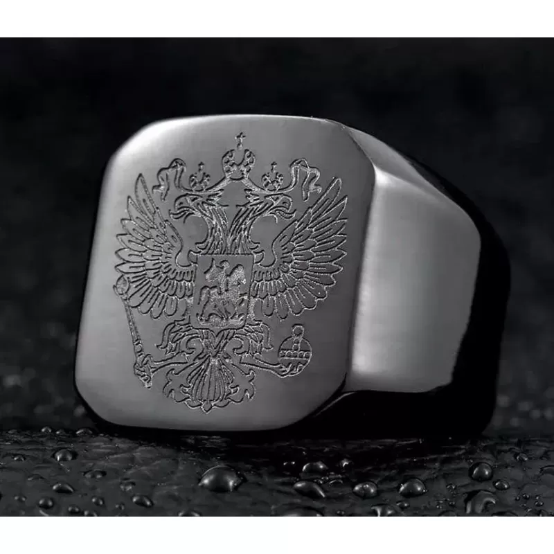 Черный мужской перстень из стали TATIC RSS-0321, кольцо с гербом двуглавый орел
