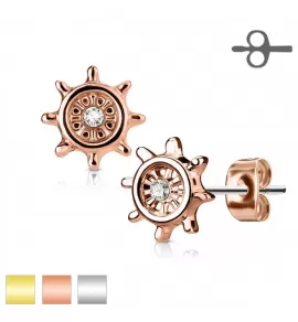Серьги-гвоздики TATIC EA-023 в форме штурвала с фианитом, с родиевым покрытием или позолотой