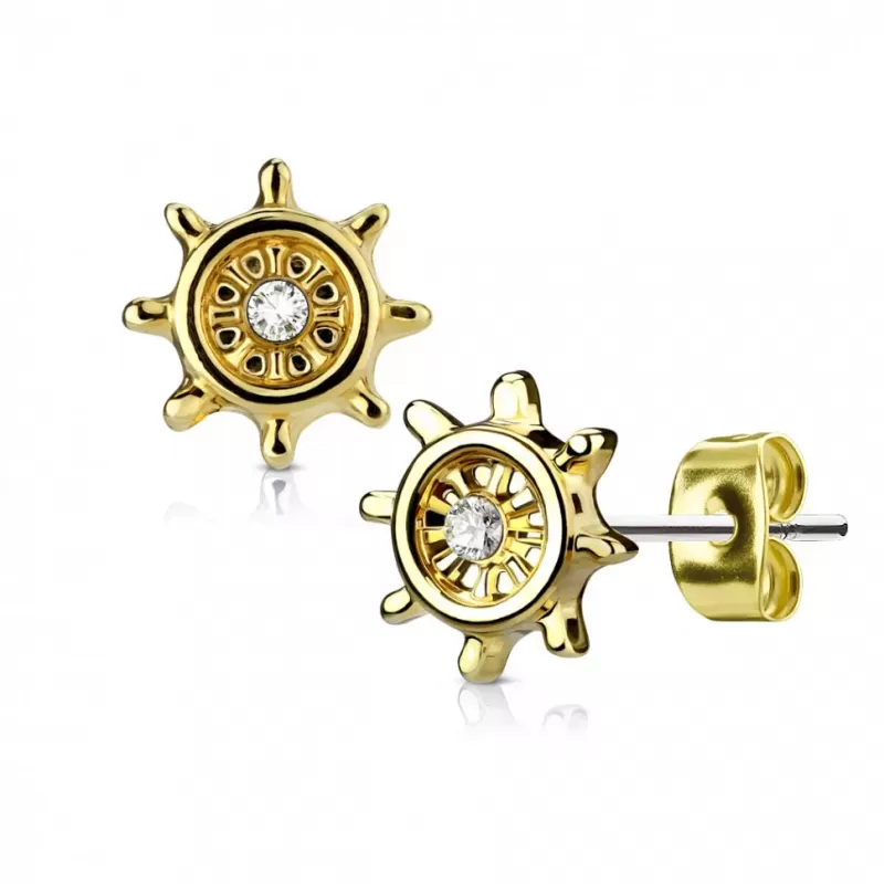 Серьги-гвоздики TATIC EA-023 в форме штурвала с фианитом, с родиевым покрытием или позолотой
