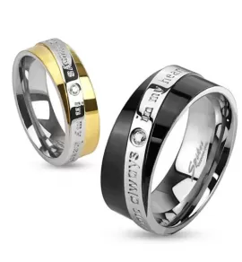 Кольцо из стали Spikes R-M2970 с романтичной надписью и фианитом