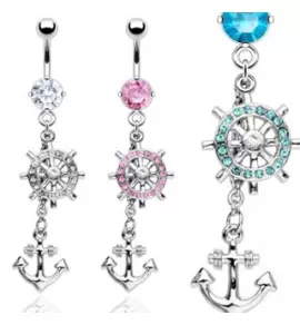 Серьга банан для пирсинга пупка PiercedFish NSQ-01633 с якорем и штурвалом и фианитами