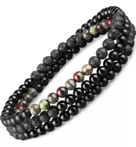 Браслет ручной работы на резинке Everiot Select LNS-2033 из яшмы, оникса, лавы и агата