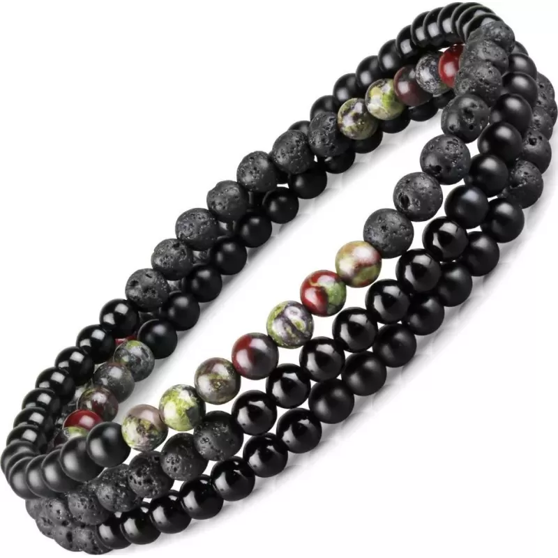 Браслет ручной работы на резинке Everiot Select LNS-2033 из яшмы, оникса, лавы и агата