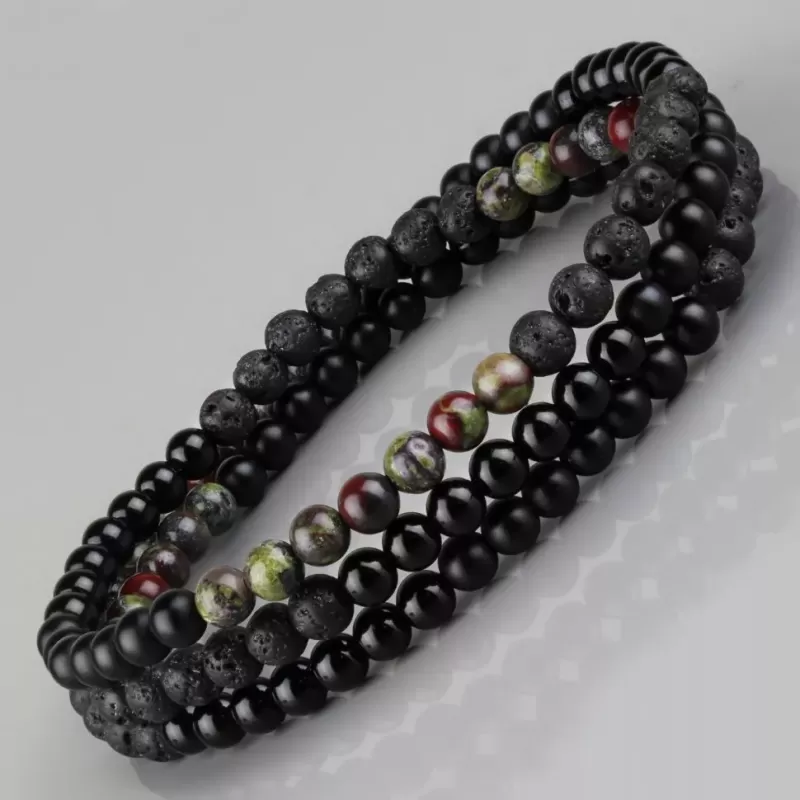 Браслет ручной работы на резинке Everiot Select LNS-2033 из яшмы, оникса, лавы и агата