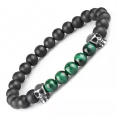 Мужской браслет из малахита и агата на резинке с черепами Everiot Select LNS-2098