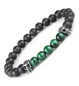 Мужской браслет из малахита и агата на резинке с черепами Everiot Select LNS-2098