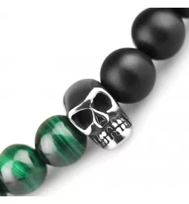 Мужской браслет из малахита и агата на резинке с черепами Everiot Select LNS-2098