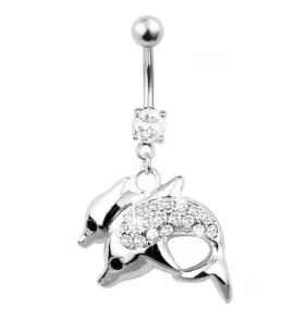 Серьга банан из стали для пирсинга пупка Everiot AAB-09TBAN с подвеской "Дельфины"