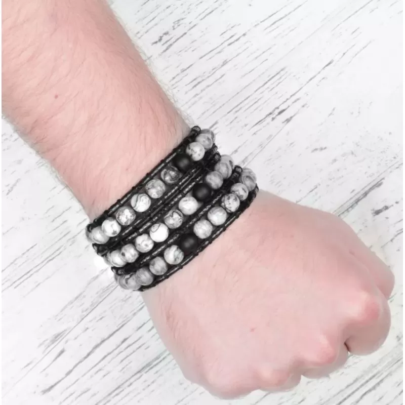 Браслет-намотка из яшмы и вощеного шнура Everiot Select LNS-3119-R плетеный