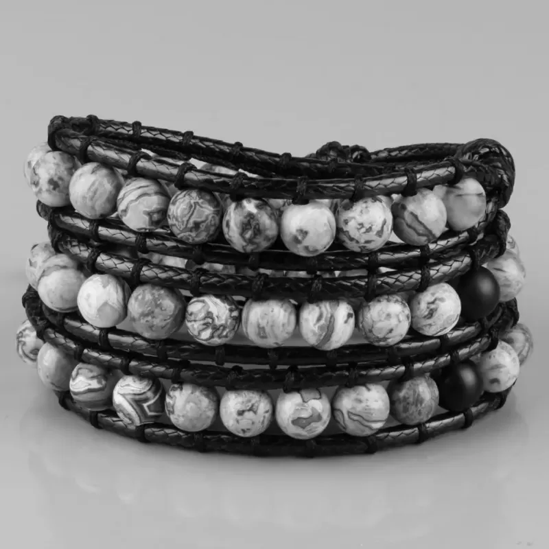 Браслет-намотка из яшмы и вощеного шнура Everiot Select LNS-3119-R плетеный