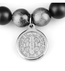 Браслет Шамбала из агата и камня соколиный глаз с медальоном Святого Бенедикта и крестом Everiot Select LNS-2099