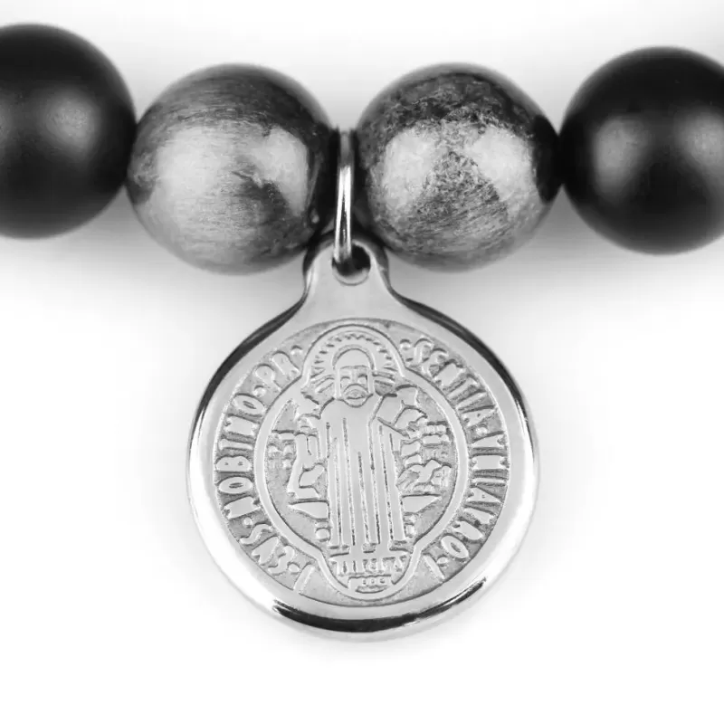 Браслет Шамбала из агата и камня соколиный глаз с медальоном Святого Бенедикта и крестом Everiot Select LNS-2099