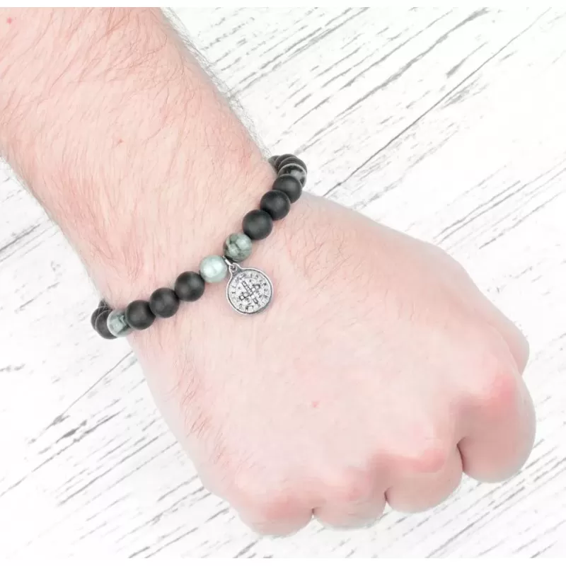 Браслет Шамбала из агата и камня соколиный глаз с медальоном Святого Бенедикта и крестом Everiot Select LNS-2099