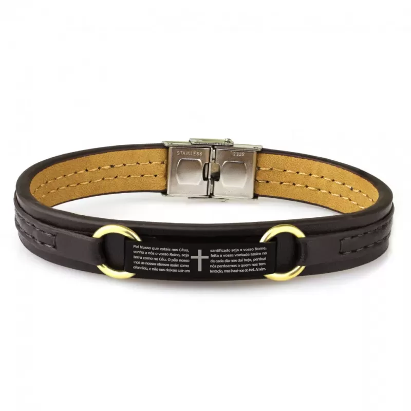 Мужской браслет из экокожи Everiot BC-MJ-15036 с пластиной, крестом и молитвой на испанском / немецком / португальском языке