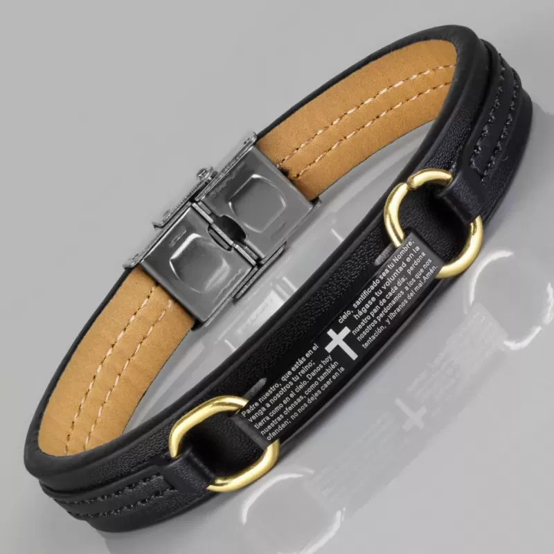 Мужской браслет из экокожи Everiot BC-MJ-15036 с пластиной, крестом и молитвой на испанском / немецком / португальском языке