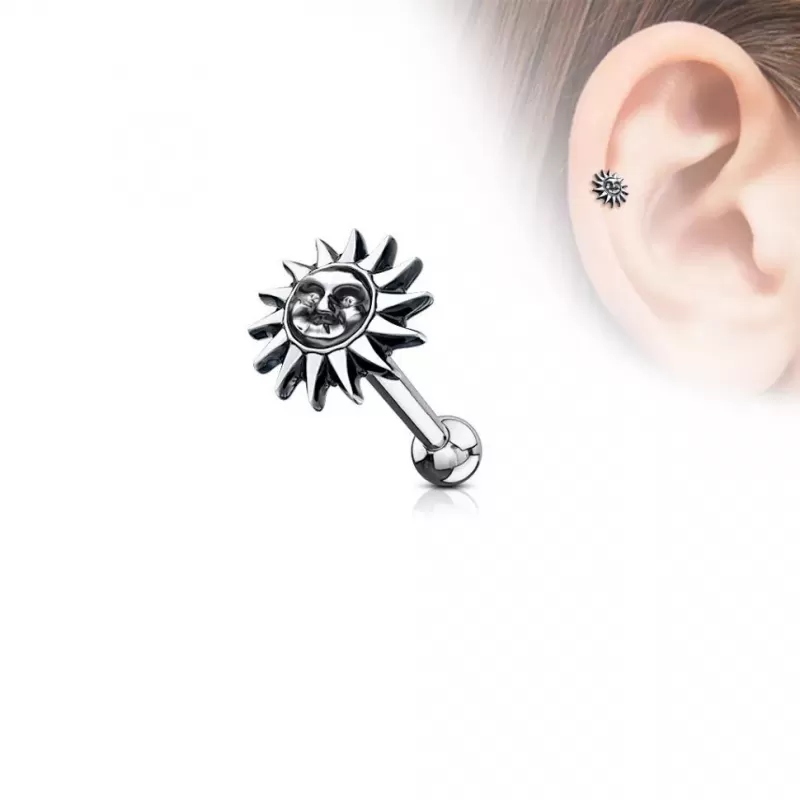Серьга микроштанга для пирсинга уха, хряща, хеликса, козелка PiercedFish JA1044 из стали с солнцем