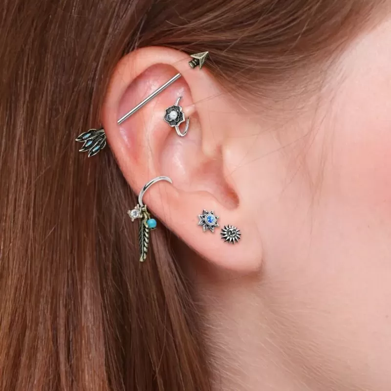 Серьга микроштанга для пирсинга уха, хряща, хеликса, козелка PiercedFish JA1044 из стали с солнцем