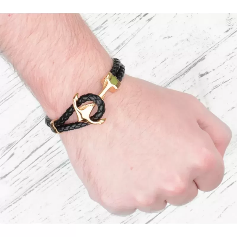 Кожаный браслет мужской Everiot SP-MJ-14014 с золотистым якорем