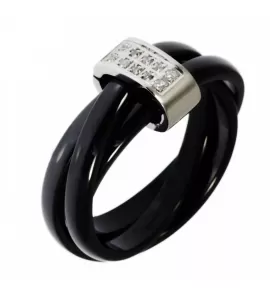 Женское тройное кольцо в стиле Тринити из черной керамики Soul Stories R-0230329 с фианитами