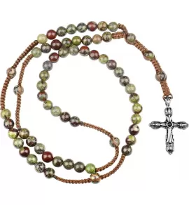 Мужской розарий Everiot Select --LNS-3111 из яшмы с крестом и бусинами "Дзи"