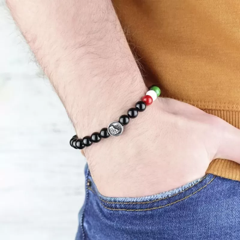 Браслет из черного агата "I love Italy" с итальянским флагом Everiot Select LNS-2289 на резинке