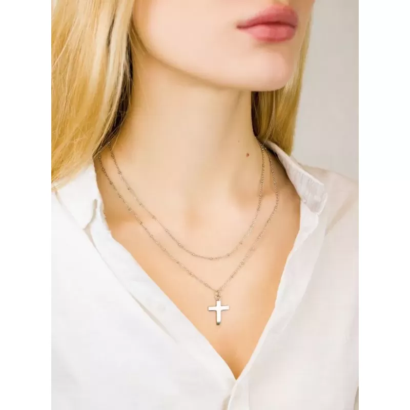 Двухслойное колье TATIC SNP-1498 из цепочек с подвеской в форме креста из стали
