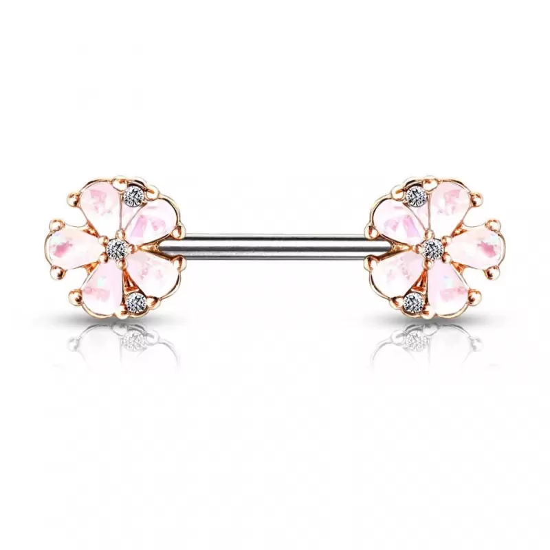 Штанга для пирсинга сосков "Цветок" из стали с искусственным опалом PiercedFish KB093