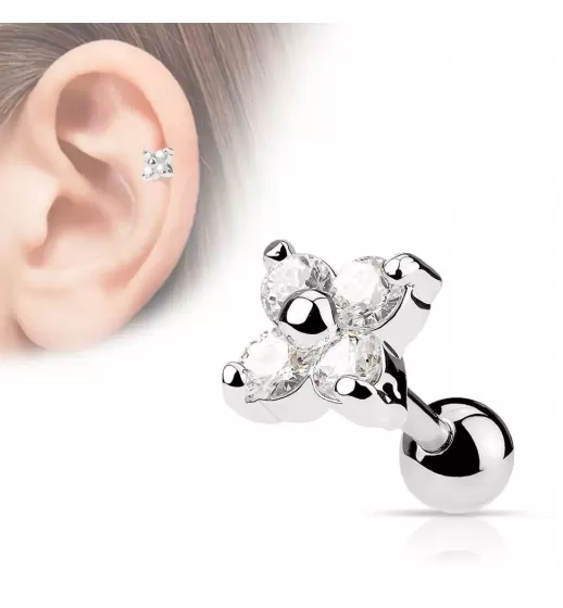 Серьга "Цветок" для пирсинга хряща, хеликса уха из стали PiercedFish JA10974, микроштанга с родиевым покрытием
