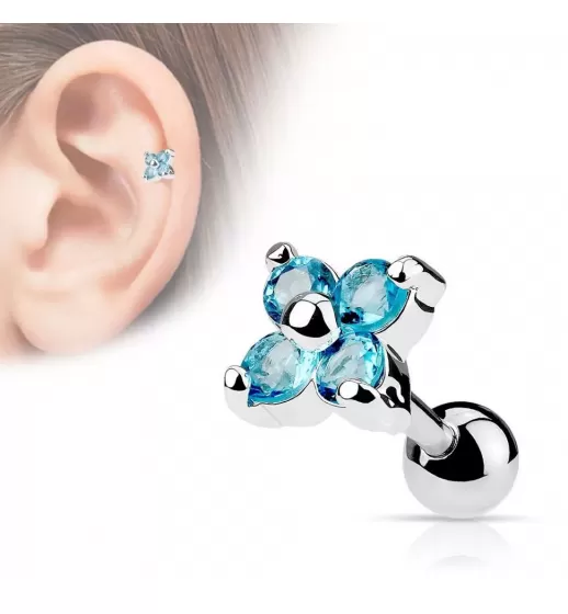 Серьга "Цветок" для пирсинга хряща, хеликса уха из стали PiercedFish JA10974, микроштанга с родиевым покрытием