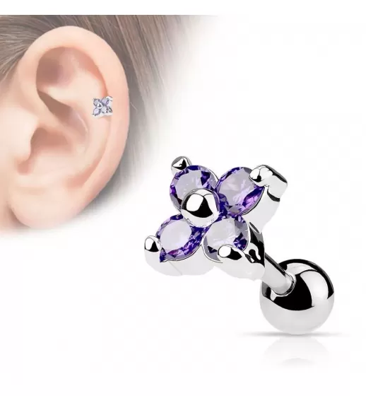 Серьга "Цветок" для пирсинга хряща, хеликса уха из стали PiercedFish JA10974, микроштанга с родиевым покрытием