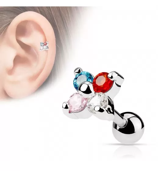 Серьга "Цветок" для пирсинга хряща, хеликса уха из стали PiercedFish JA10974, микроштанга с родиевым покрытием