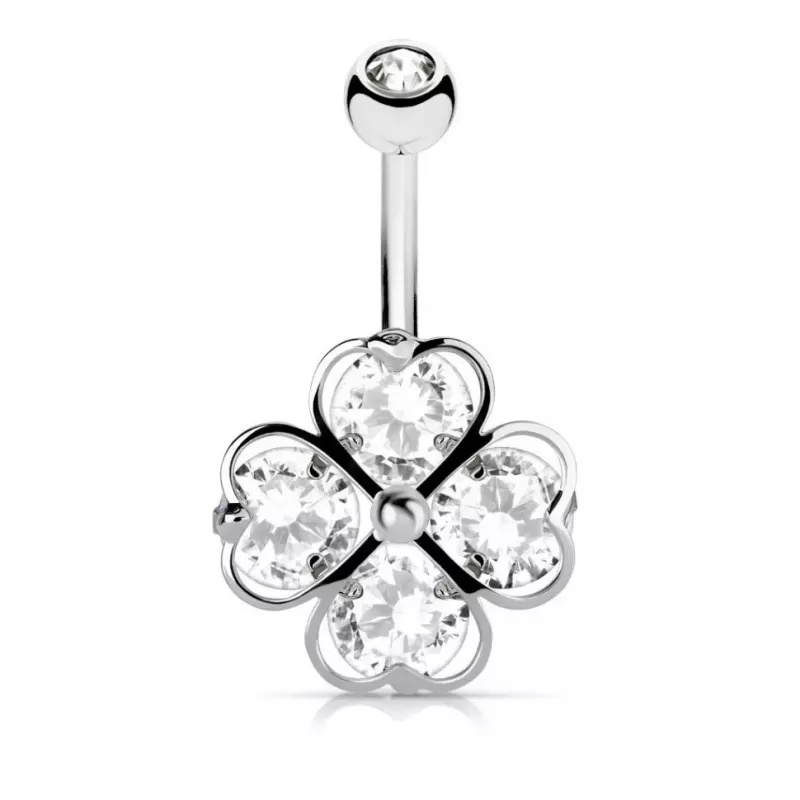 Серьга банан для пирсинга пупка PiercedFish N17327-C из стали с цветком и фианитами