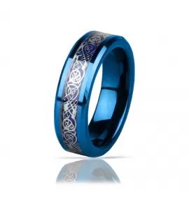 Кольцо из карбида вольфрама синее Lonti RTG-0031 с орнаментом "Кельтский дракон" (оттенок металл)