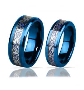 Кольцо из карбида вольфрама синее Lonti RTG-0031 с орнаментом "Кельтский дракон" (оттенок металл)