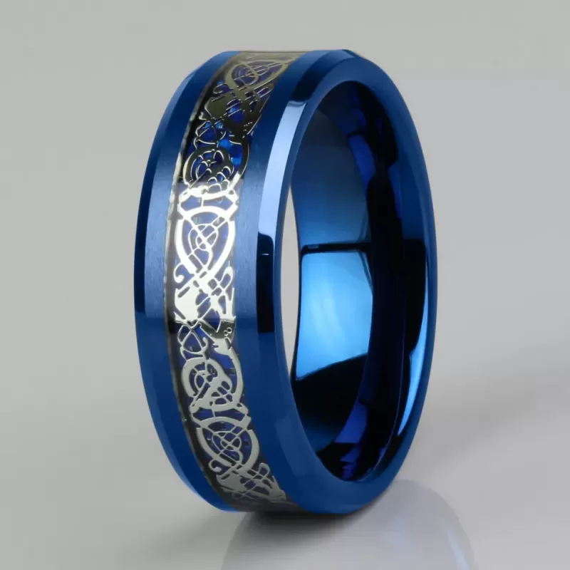 Кольцо из карбида вольфрама синее Lonti RTG-0031 с орнаментом "Кельтский дракон" (оттенок металл)