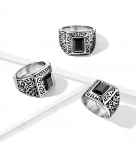 Мужской перстень из стали TATIC RSS-7610 с узорами и имитацией черного оникса