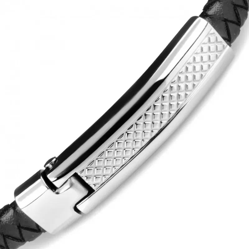 Кожаный браслет мужской Everiot BC-MJ-1750-BK черный плетеный с металлической вставкой