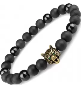 Черный мужской браслет из обсидиана и агата на резинке с головой волка Everiot Select LNS-2048