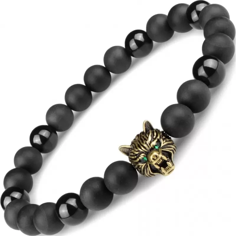 Черный мужской браслет из обсидиана и агата на резинке с головой волка Everiot Select LNS-2048