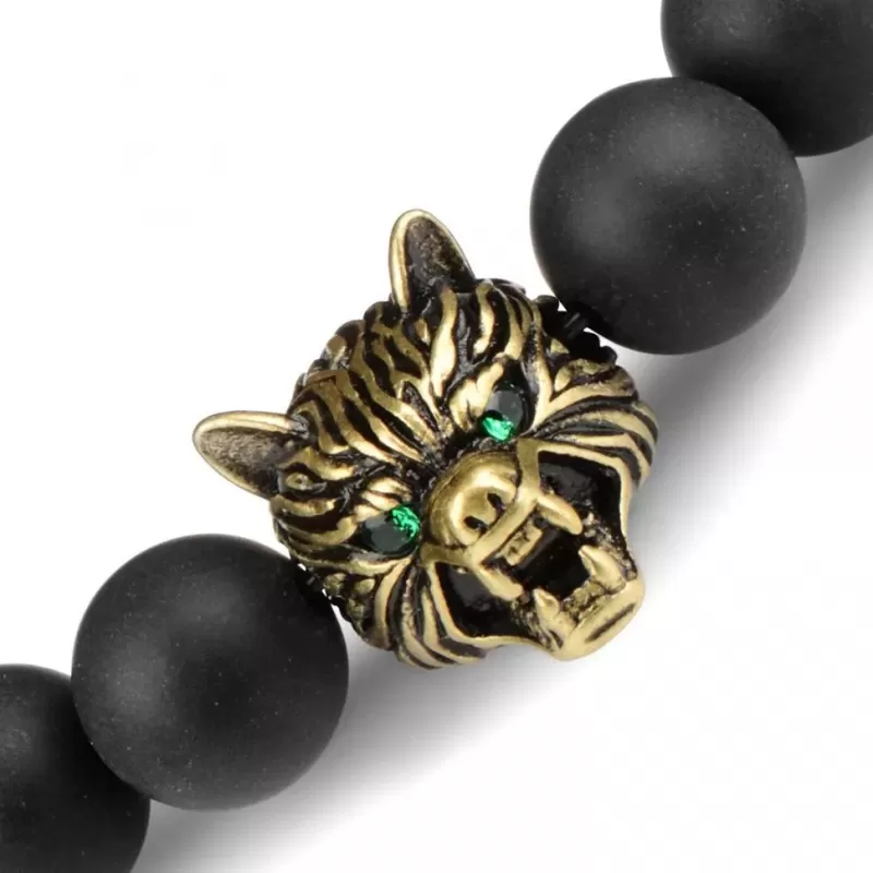 Черный мужской браслет из обсидиана и агата на резинке с головой волка Everiot Select LNS-2048