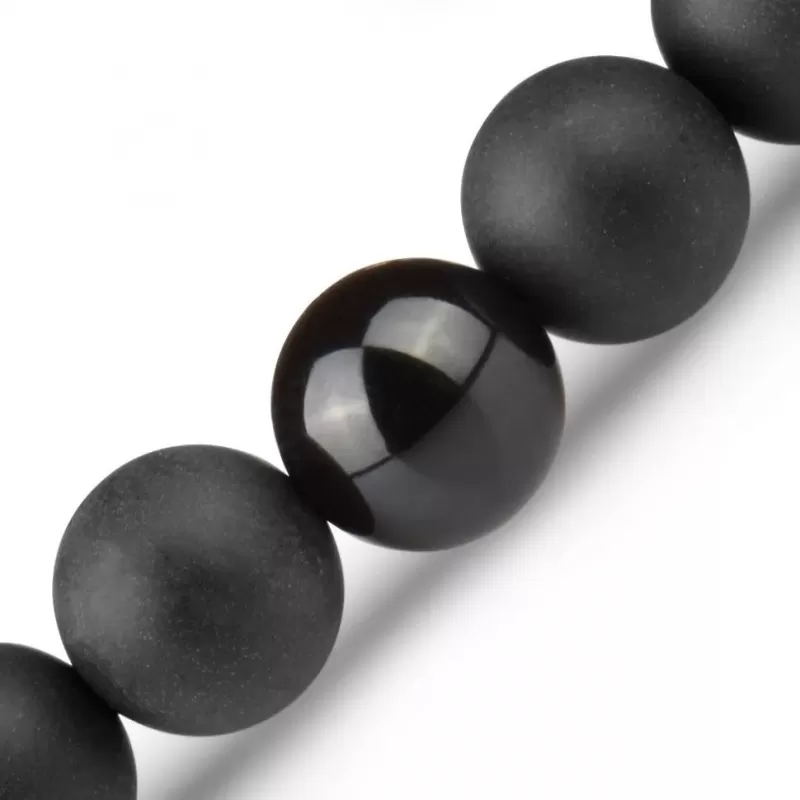 Черный мужской браслет из обсидиана и агата на резинке с головой волка Everiot Select LNS-2048