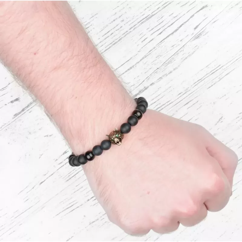 Черный мужской браслет из обсидиана и агата на резинке с головой волка Everiot Select LNS-2048