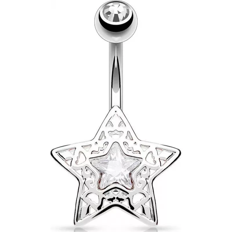 Серьга для пирсинга пупка (банан) "Звезда" PiercedFish N16376 из стали с фианитом