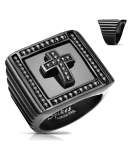 Мужской перстень из стали Spikes R-H19081K с крестом и фианитами