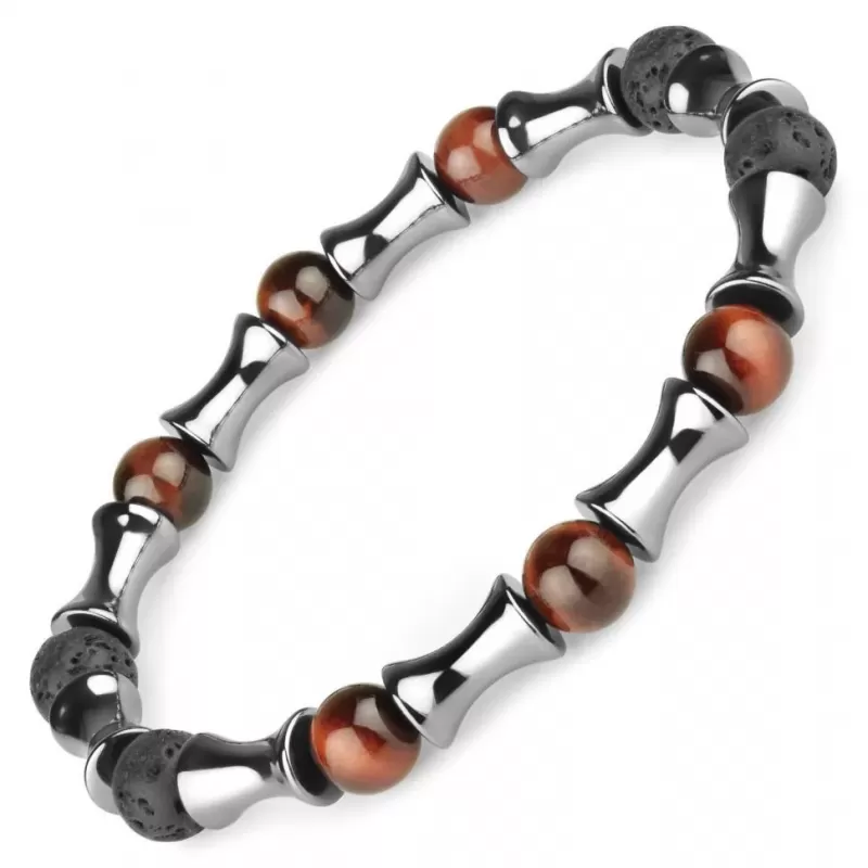 Браслет из лавы, гематита и камня бычий глаз на резинке Everiot Select LNS-2254