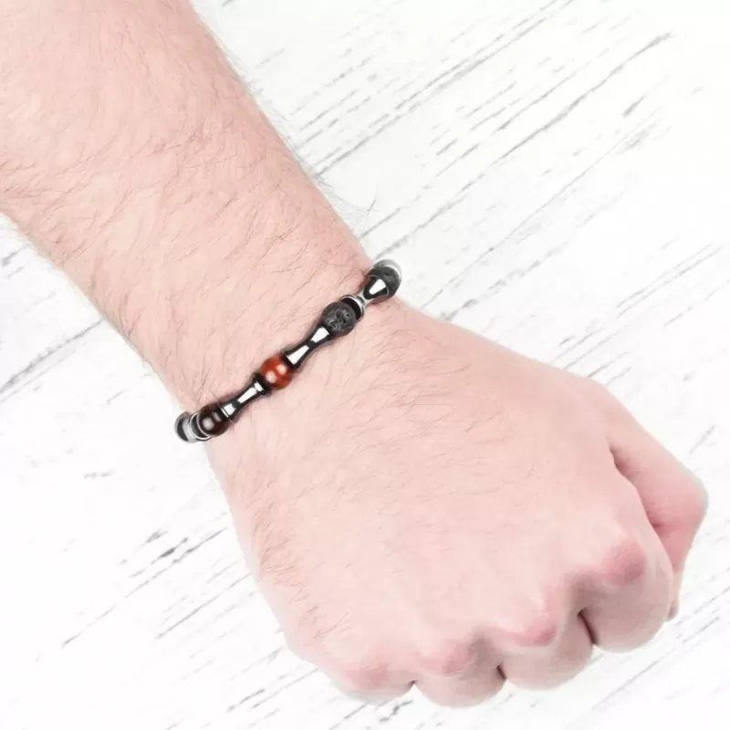 Браслет из лавы, гематита и камня бычий глаз на резинке Everiot Select LNS-2254