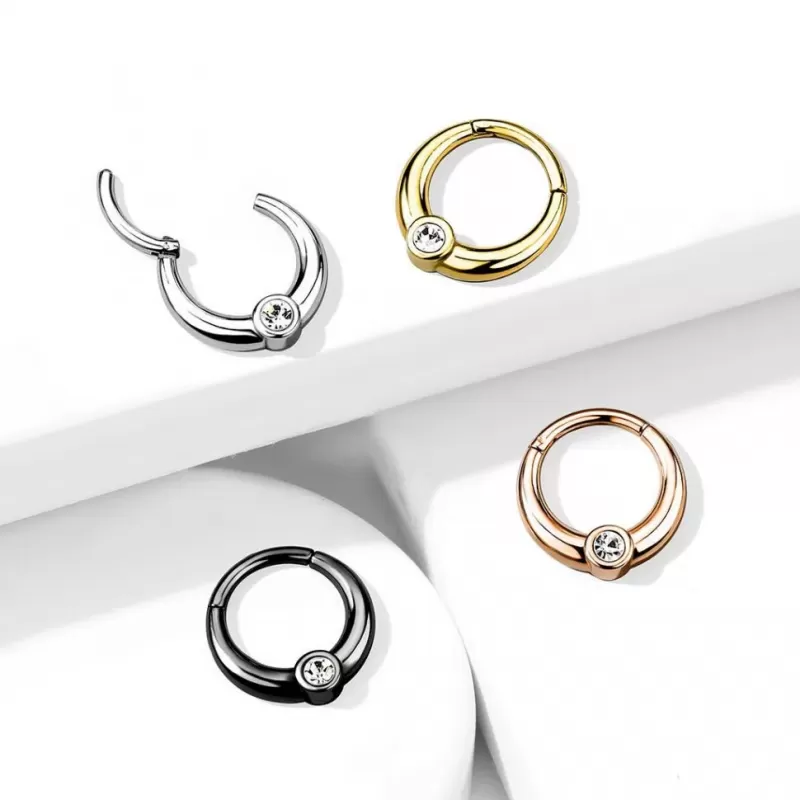 Кольцо кликер из стали с фианитом PiercedFish RH94-ST серьга для пирсинга септума носа, трагуса, хряща уха, хеликса, брови, губ