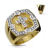 Перстень мужской из стали Spikes R-H19098G с католическим крестом и фианитами