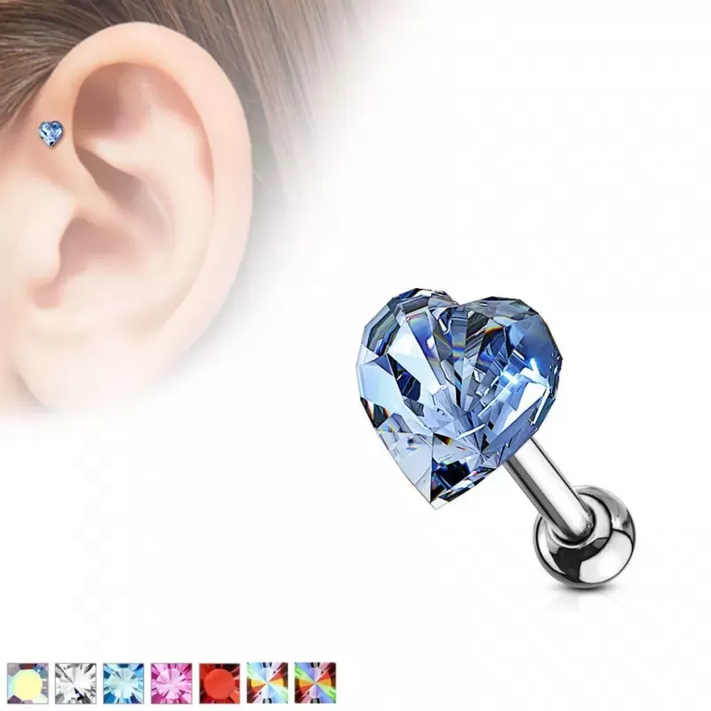 Штанга 1,2 мм "Сердце" из стали для пирсинга хеликса, трагуса PiercedFish JA19179 с фианитом